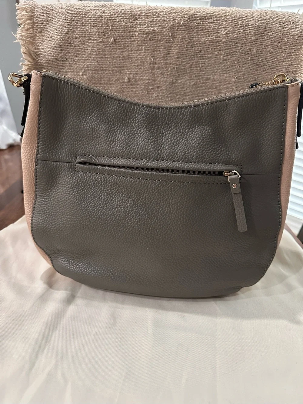 kate spade Gray and Blush Pebbled Leather Shoulder Bag with Black Strap